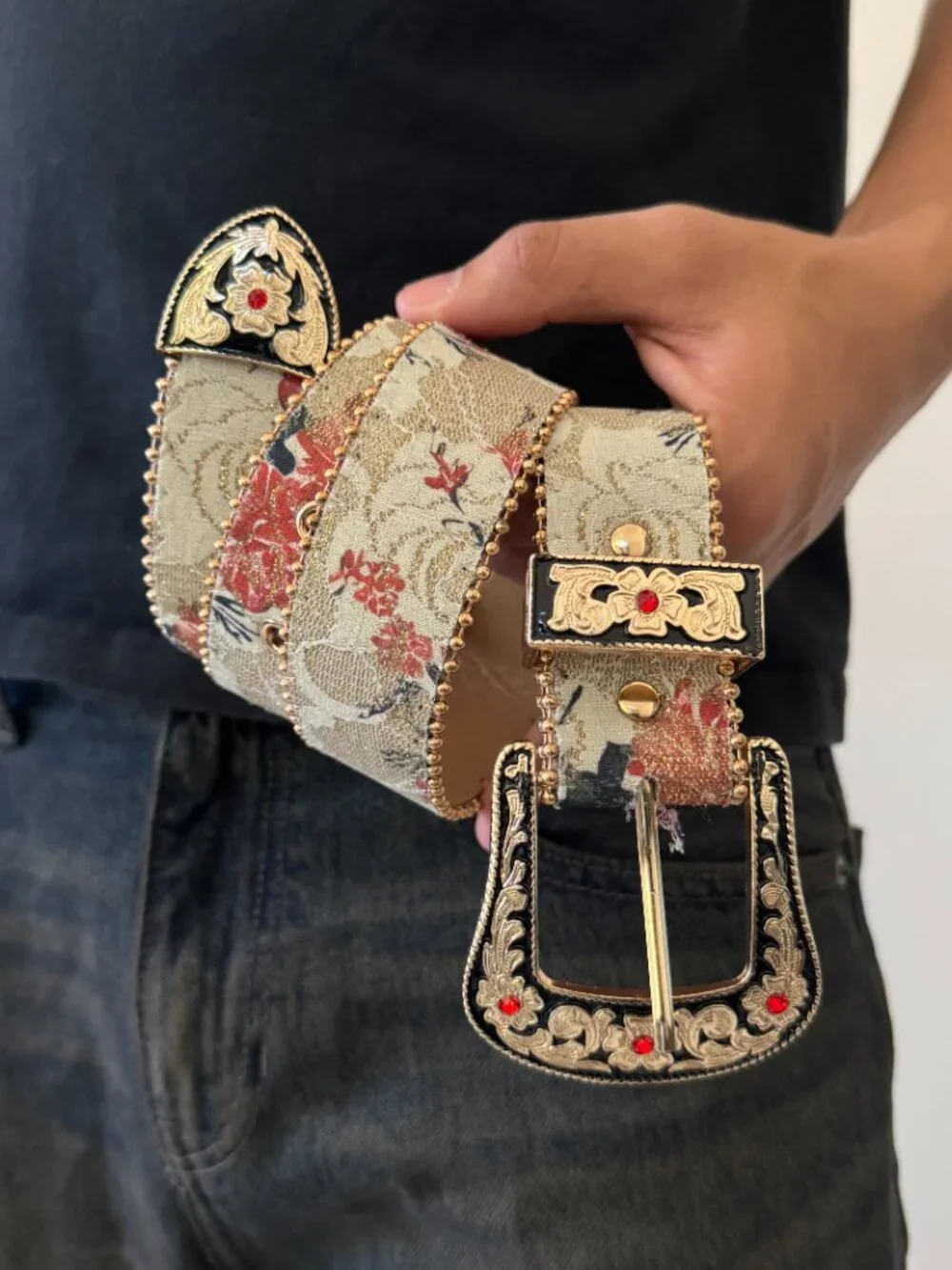 Cream Floral Jacquard Ornate Western Buckle Belt